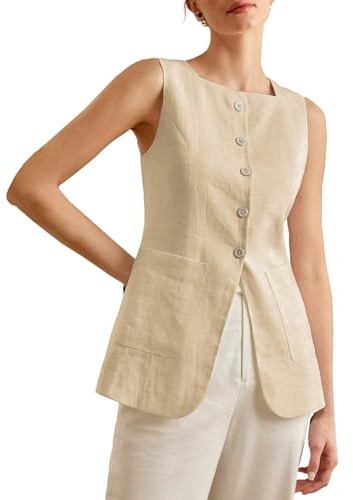 Mina Self Vest Tops for Women Long Linen Summer Sleeveless Beige Blazer L