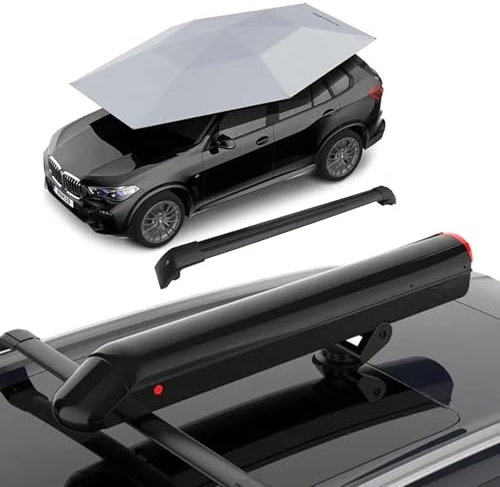 Ombrello per auto completamente automatico con box portaoggetti sul tetto/barre sul tetto, 5000 mAh, telecomando, tenda copriauto impermeabile con protezione UV per tutti i veicoli, (3800x2800MM),Grey