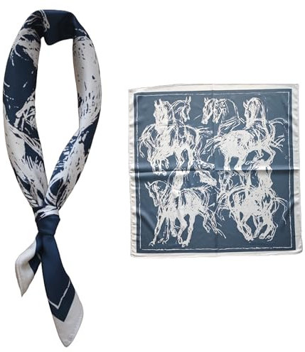 GIMIRO Männer simulierte Seidenschal 53x53cm Marineblau mit Weiß, Polyester Halstuch für Business und Freizeit (Blackish Blue Ivory Horses)