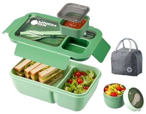 Nymblis Lunch Box Adults, Bento Lunch Box Set with Insulated Bag, Oats Container, Utensils, Leakproof Lunchbox for Men Women Office School Picnic Travel (Green)