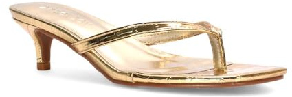 ESSEX GLAM Women's Kitten Heel Toe Post Sandals Ladies Gold Metallic Synthetic Leather Slip On Low Heeled Mule Shoes Size 7
