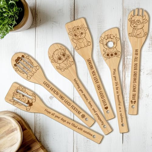 CUTHOLLOW 6-teiliges Hochlandrind Zwerge Küchenutensilien Holz | Kochwerkzeuge-Set Holz, spülmaschinenfester Pfannenwender, Holzkochlöffel, Einzigartiges Einweihungsgeschenk für Frauen