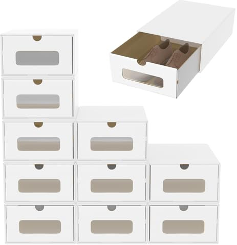 ACXIN Schuhboxen Stapelbar Boxen-Set,Aufbewahrungsbox Schubladen mit Transparentes Sichtfenster,Pappkarton aus Kraftpapier,34.5 x 23.5 x 13.5 cm,10 Stück, Weiß