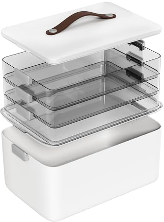 MOPALL 4-Tier Medicine Organizer Storage Box, Portable Latch Bin with Lid and Leather Handle, Cabinet Closet Organization for Home Office, Pill Bottle, First Aid, Sewing, Art, Craft