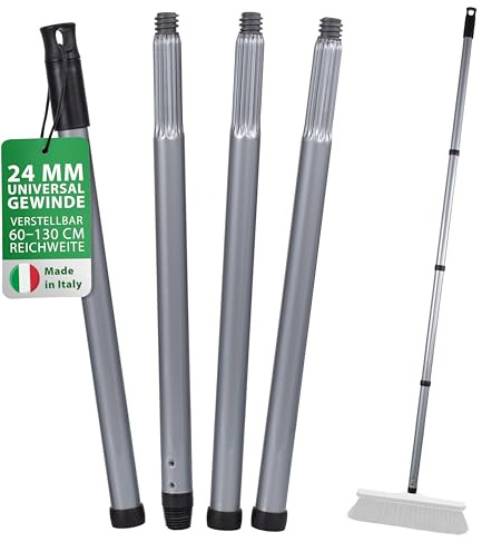 ORGAFLIX Premium Besenstiel mit 24 mm Gewinde, verstellbar von 60 bis 130 cm, universell einsetzbar für Besen, Kehrbesen, Straßenbesen und Industriebesen, Stabiler Metallstiel in Grau, Made in Italy