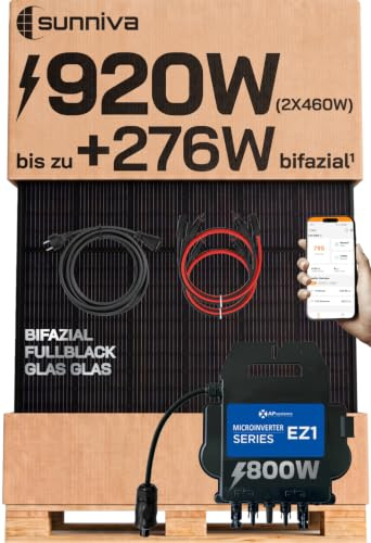 SUNNIVA® 920W Balkonkraftwerk mit 800W Wechselrichter AP SYSTEMS, BIFAZIAL FULLBLACK komplett Steckdose, PV Solaranlage Komplettset mit 5 m Anschlusskabel und 4x 1m Solarkabel, 2x460W N-Type Glas-Glas