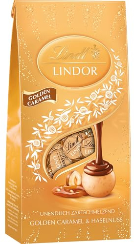 Lindt Schokolade | LINDOR Kugeln Golden Caramel, 137g Beutel, Geschenk | ca. 10 Kugeln, Vollmilch Schokolade, Karamell, Haselnuss-Stückchen, zartschmelzend, zum Teilen & Verschenken, Genussmomente