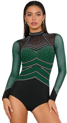 FEESHOW Women's Color Block Bodysuit Gymnastics Leotard Figure Skating Jumpsuit Ballet Dance Bodysuit Top Dark Green Medium