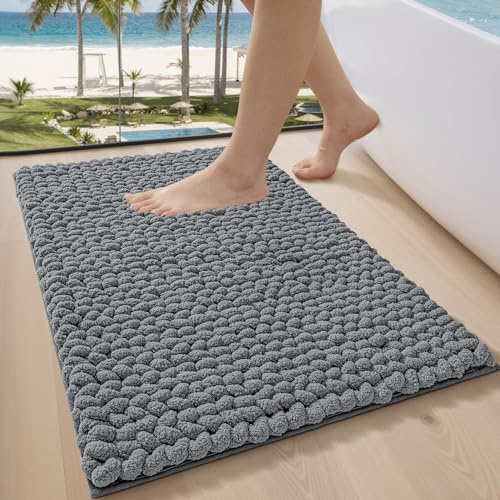 LUMI Chenille-Badematte, rutschfest, Saugfähig, Weich, Grau, 50 x 80 cm | Extra Dicke Plüsch-Badteppich, Waschbar Schnelltrocknend, Kuschelige Badezimmerteppich, für Badewanne, Waschbecken Waschküche