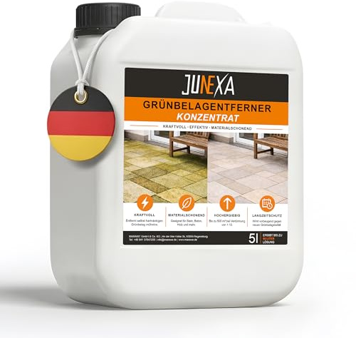 JUNEXA Grünbelagentferner Konzentrat 5 L – Intensiver Grünbelagentferner für Außenbereich, entfernt Grünbelag, Schmutz, Algen & Flechten, Grünbelagentferner extrastark, außen 5 Liter Konzentrat