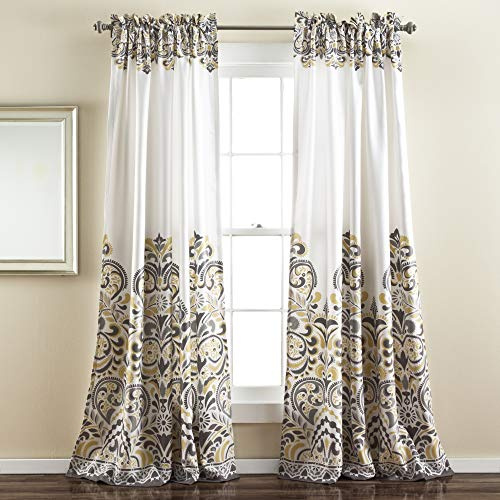 Lush Decor Clara Curtains Paisley Damask Print Bohemian Style Light Filtering Window Panel Set for Living, Dining, Bedroom (Pair), 52 W x 84 L, Gray & Yellow