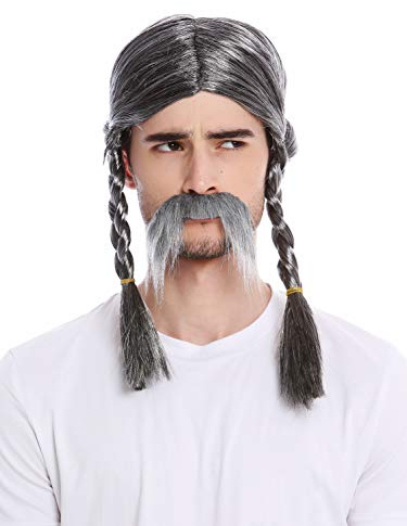 WIG ME UP - 91099-ZA63/ZA103 Perücke & Bart Herren Karneval Halloween Grau Geflochtene Zöpfe Gallier Germane Barbar Kelte Wikinger Normanne Barde