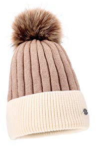 AnJuHoPa zweifarbige einlagige Mütze Ungefütterte Strickmütze mit abnehmbarem Kunstfell für Frauen und Mädchen Braun Beige