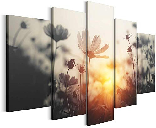 Revolio Leinwandbild Wandbilder Wohnzimmer Modern Kunstdruck Wanddekoration Deko Mehrteilige Leinwand Bilder 5 Teilig TYP A, 200 x 100 cm - Blumen Sonne Clearing Grau Gelb