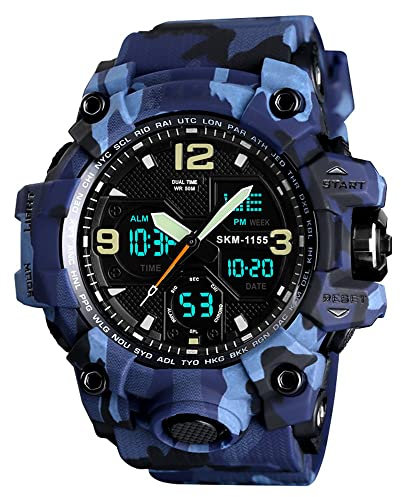 TONSHEN Herren Multifunktional LED Elektronik Analog Quarz Double Zeit Outdoor Militär Digital Sport Uhren 50M Wasserdicht (Blau Camo)