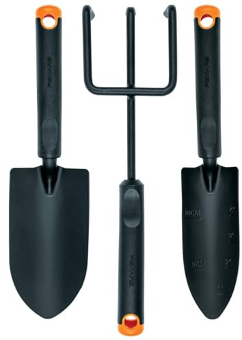 Fiskars Set d'outils de jardinage, 3 pièces, Déplantoir, Transplantoir, Griffe de Jardin, tête en acier inoxydable/poignée en plastique, noir/orange, Ergo, 1027681