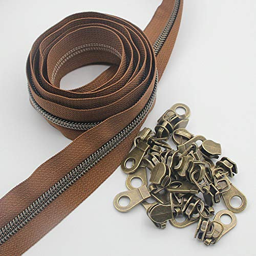 5# Nylon-Reißverschlüsse von der Rolle 9.1m (braunes Band Antik Messing Metallic Zähne Reißverschluss mit 25 Stück Messing Schieber für DIY Nähen Schneider Handwerk Tasche Leekayer