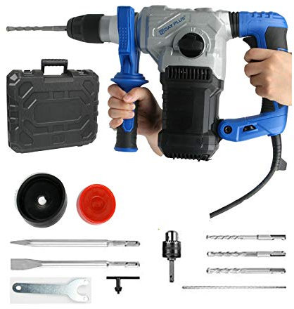 1500W Bohrhammer mit SDS Plus Aufnahme, 360 ° Dreh Antivibrationsgriff, 5 Joule Schlagstärke, Regelbarer Drehzahl, 3 Funktion Hammer/Bohren/Meißeln, 8 Stück Zubehör Bohrhammer Set