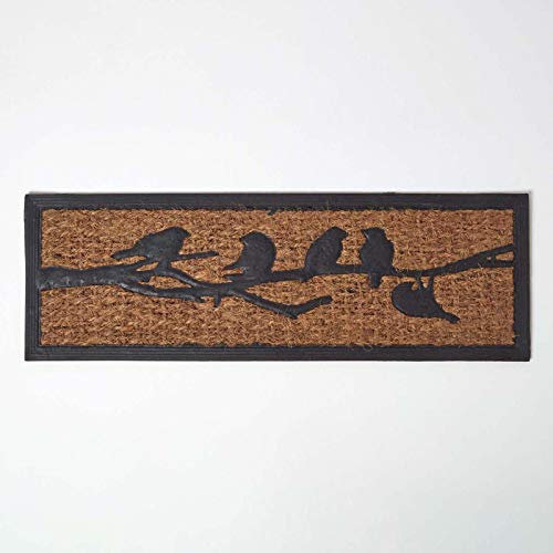 Homescapes Türmatte mit Vogel-Motiv aus Kokosfasern und Kunststoff, rutschfeste Schmutzfangmatte/Fußabstreifer für drinnen und draußen, Kokos-Fußmatte, 25 x 75 cm