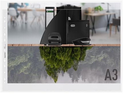 Leitz A3 Prospekthüllen, 25 Stück, Universallochung , Matte Oberfläche, 100 Mikron Folienstärke, 100% recyclebar, Umweltfreundlich, Recycle-Serie, Farblos, 40190003, Black