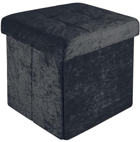 INTIRILIFE Faltbarer Sitzhocker 38x38x38 cm in Samt Schwarz - Sitzwürfel mit Stauraum und Deckel mit Samtbezug- Sitzcube Fußablage Aufbewahrungsbox Truhe Sitzbank