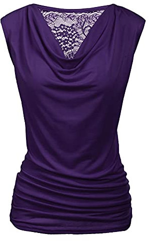 PINSPARK Blusa de verano sin mangas para mujer, elegante, cuello en V, cascada, plisado, encaje, túnica elástica, morado, L