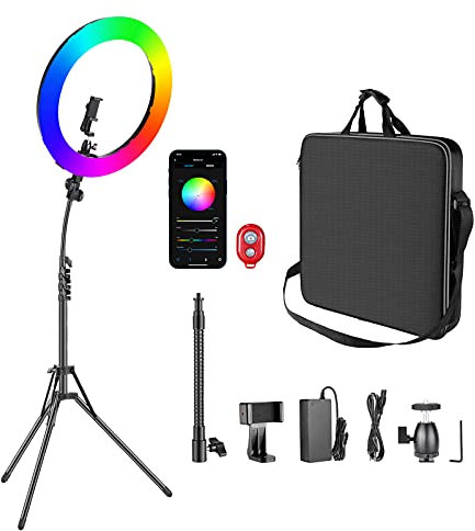 NEEWER Ringlicht RGB18-APP 18Zoll RGB APP Steuerung mit Ständer und Telefonhalter, 42W dimmbar zweifarbig 3200K-5600K CRI97+, 0-360 Vollfarbe, 9 Szenen, geeignet für Party Selfies, Makeup Fotografie