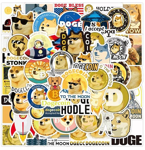 SHINsuke 50 Stück Dogecoin Münzen Aufkleber Meme Stickers für Wasserflaschen, Kawaii Shiba Inu Graffiti Style Decals für Auto Motorräder Fahrrad Skateboard Snowboard Gepäck Laptop Aufkleber