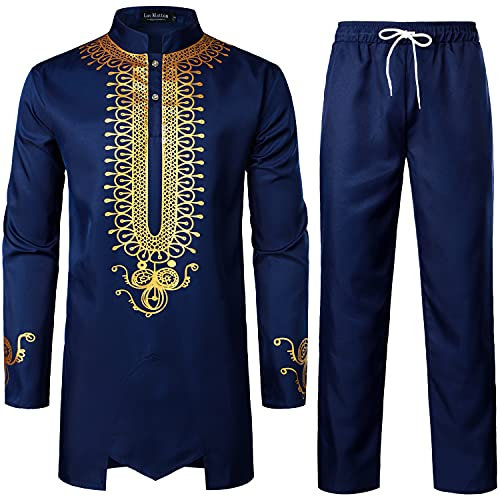 LucMatton – Tenue 2 pièces pour homme, tunique traditionnelle à motif doré et pantalon, costume ethnique, bleu indigo, Large
