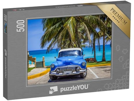 puzzleYOU: Puzzle 500 Teile „Oldtimer: Buick Steht unter Palmen am Strand, Varadero, Kuba“ – aus der Puzzle-Kollektion Kuba