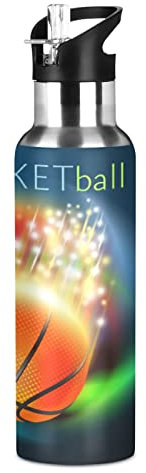 Vnurnrn Basket-Ball De Sport D'Art Bouteille d'eau Isotherme avec Paille en Acier Inoxydable Gourde 600ML, Sans Bpa Gourdes Eau pour Enfant Sport Randonnée École Bureau