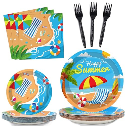 96 Pcs Beach Party Supplies Paper Plates Napkins Summer Beach Hawaiian Pool Party Birthday Decorations Favors for Kids Serves 24