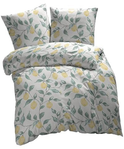 etérea Bettwäsche 135x200 Baumwolle Bettwäsche-Sets - Lemon Weiß - Reißverschluss, Renforcé, Fachhandel,Oekotex Made in Green - 135x200cm und Kissenbezug 80x80cm