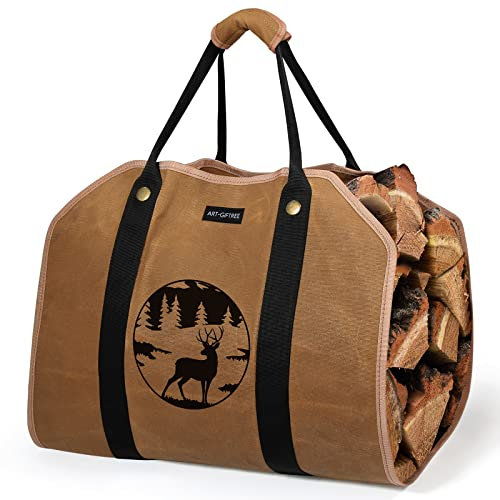 ART-GIFTREE Bolsa grande de lona encerada para leña de 39 x 18 pulgadas con asas, soporte de madera resistente para chimenea, reno