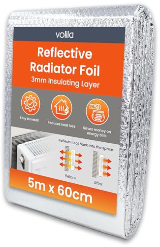 volila Radiator Foil 5m x 60cm - 1 Pack Folded Radiator Reflector Panels for Enhance Heat Efficiency - Energy Saving Insulation Foil and Radiator Heat Deflector for Home Heating with Adhesive Pads