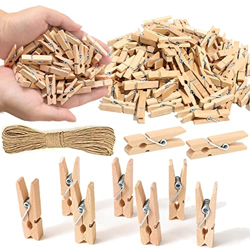 1.35 Inch Mini ClothesPins for Photo【100 Pcs】 with 32 Feet Jute Twine，Mini Clothes Pins for Crafts,Wooden Small Clothes Pins for Pictures,Tiny Decorative Clothespins for Baby Shower(Natural Color)