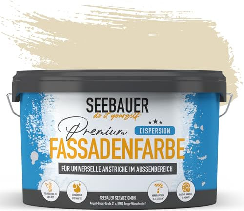 SEEBAUER diy Universal-Fassadenfarbe Beige 5L für Außen (No. 433 Vanilla Cream) Hoch deckende Fassadenfarbe mit Wetterschutz - Geeignet für Putz, Mauerwerk und Beton