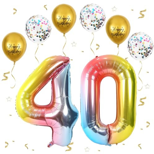 Gradientenregenbogen Luftballon 40, XXL Riesige Geburtstag Ballon 40, 40 - 101cm Ballon Zahl Deko Folienballon Zahlen 0 & 4, Geburtstagsdeko Jubiläum Party Deko, Fliegt mit Helium (Nummer 40)