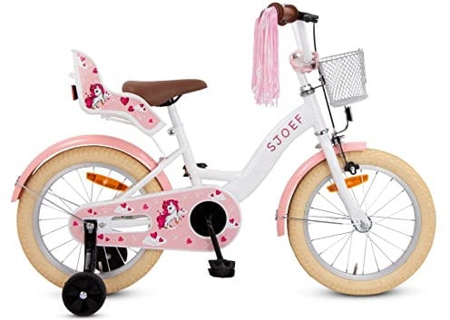SJOEF Dolly Kinderfahrrad 16 Zoll | Ab 4-6 Jahre | Kinder Fahrrad für Mädchen/Jugend | Kleidergröße von 103 bis 118 cm | inklusive Stützräder - Weiß