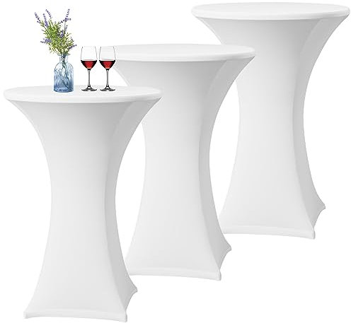3er-Set Weiß Stretch Stehtisch Husse für Bistrotisch Ø 60-65 cm Spandex Stretch Tischdecke, Verstärkung im Fußbereich Für Hochzeit Geburtstagsfeier Bankett Stehtische und Bistrotische(60×110cm,Weiß)