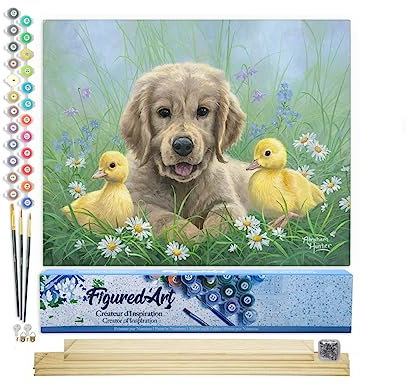 Figured'Art Peinture par Numéro Adulte Labrador et Poussins - Activité Manuelle Kit de Loisir Créatif DIY Numéro d'Art Complet - 40x50cm avec châssis en bois à monter