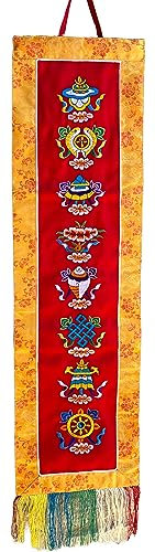 QT Tibetisch-buddhistischer Ashtamangala, vertikaler Wandbehang, Brokat, 8 glückliche buddhistische Glückspunkte & Mantra, 22 cm x 97 cm lang, handgefertigt in Nepal