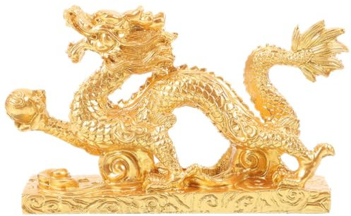 Uonlytech Goldene Drachen Figur Tierkreiszeichen Chinesische Drachen Statue Skulptur Sternzeichen Drachen Dekofigur Tierfigur Feng Shui Vermögen Reichtum Glücksbringer Harz Ornament