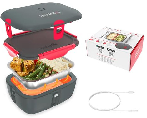 HeatsBox Contenitore elettrico per il pranzo da 100 W, portatile, con controllo tramite app, per auto, camion, ufficio, lavoro all'aperto, in acciaio inox, alimentato a batteria, auto-riscaldante, 12