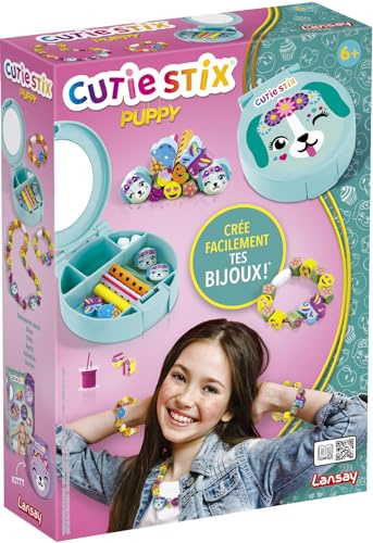 Lansay - Cutie Stix Schmuckkästchen Puppy - Schmuckbox - Ab 6 Jahren | Ketten und Armbänder Basteln - Vorgeschnittene Stäbchen, Perlen und Verschlüsse - Spiegel Integriert - Wiederverwendbar