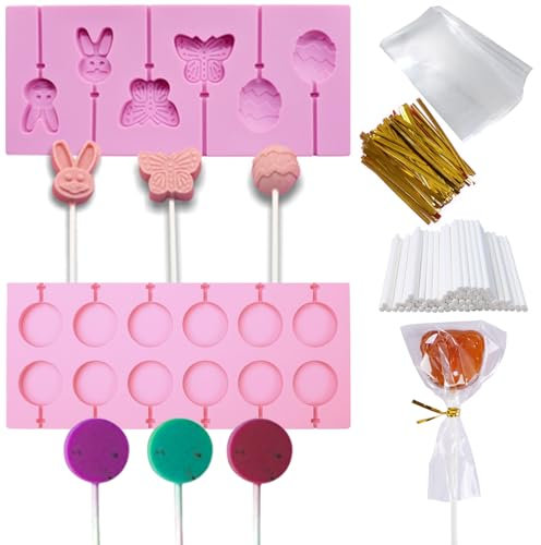 BDSHUNBF 2 Set Silicone Lollipop Mould, 12 Cavity Chocolate Hard Candy Mold, Egg Rabbit Head Butterfly Shapes Lollipop Molds with Sticks Wrap Bags Twist Ties for Lollipop Hard Candy Chocolate Cake Pop