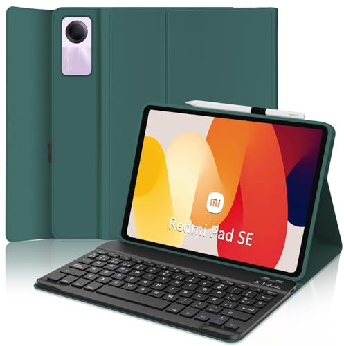 Funda con Teclado para Xiaomi Redmi Pad SE 11, Teclado Bluetooth Inalámbrico Desmontable Magnético con Funda Protectora Delgada para Tablet Xiaomi Redmi Pad SE 2023 11 Pulgadas, Verde Oscuro