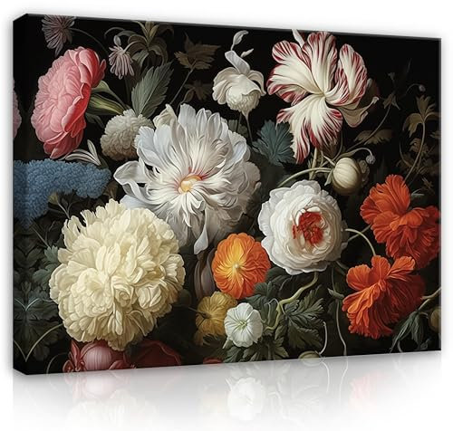WallArena - Leinwand Bilder - Blumen schwarz bunt Pfingstrosen - 120x80 cm Leinwandbilder - Bild auf leinwand - Wandbild XXL groß Wandbilder für Wohnzimmer Schlafzimmer Wohnzimmerbilder Modern