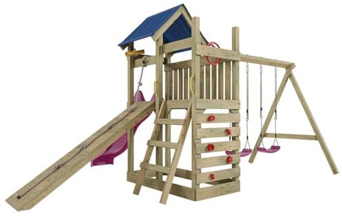 Outgarden Spielturm Klettergerüst Hefty aus KDI-Holz | Spielhaus mit Pinker Rutsche & Schaukel | Sandkasten, Leiter, Kletterrampe & Kletterwand | Outdoor Stelzenhaus für Kinder | 486 x 386 x 258 cm