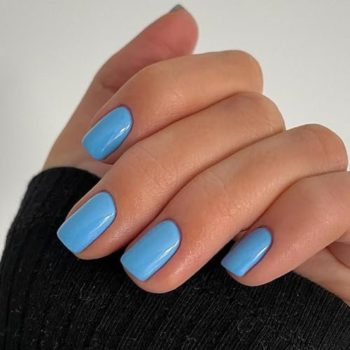 Ceboic 24Pcs Français Faux Ongles Court Carrés Press on Nails Couleur Pure Acrylique Couverture Complète Ongles à Coller Naturel Artificiels Faux Ongles pour Femme et Fille Nail Art (Bleu Ciel)